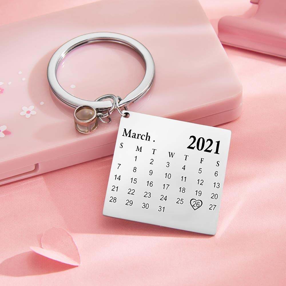 Custom Photo Projection Keychain Personalized Calendar Key Ring Anniversary Gift - soufeelau