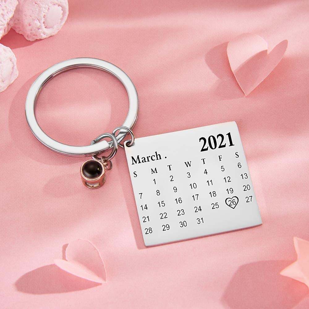 Custom Photo Projection Keychain Personalized Calendar Key Ring Anniversary Gift - soufeelau