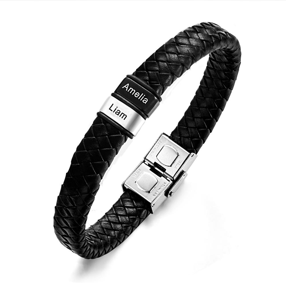 Engraved with 2-6 Names Leather and Steel Bracelets Anniversary Gift for Husband - soufeelau