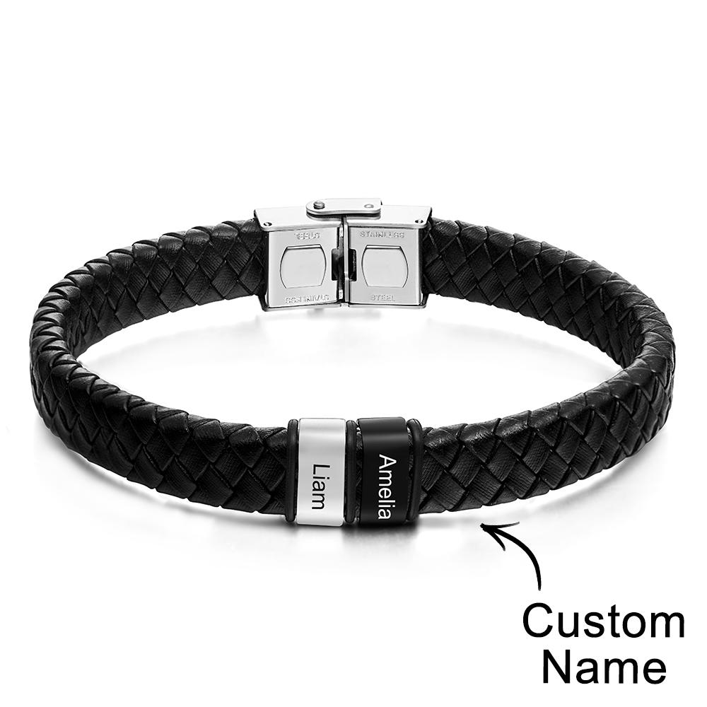 Engraved with 2-6 Names Leather and Steel Bracelets Anniversary Gift for Husband - soufeelau