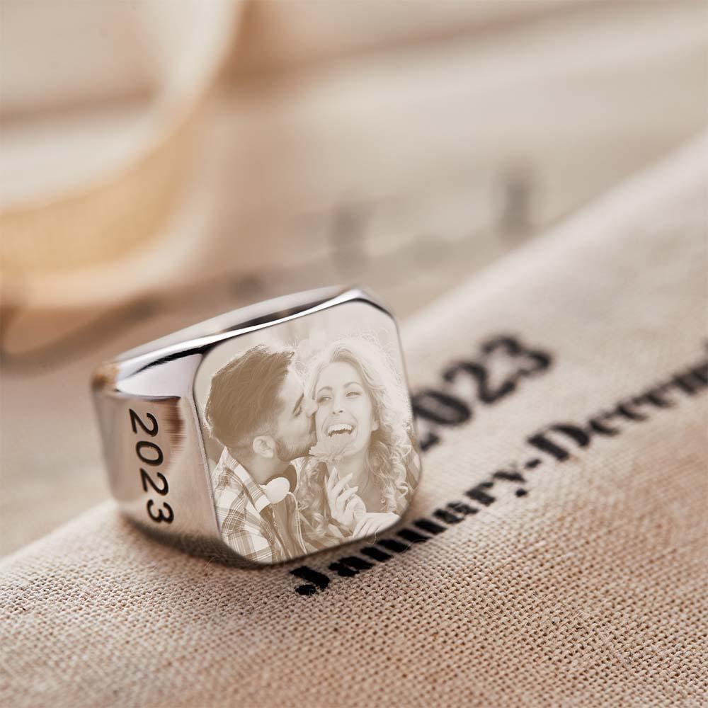 Personalized Photo Square Ring Custom Engraved Ring Gift For Men - soufeelau