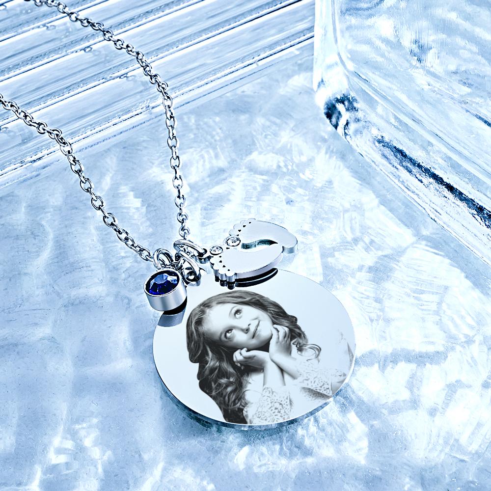 Birthstone Photo Necklace Baby Feet Newborn Engraved Pendant Memorial Gift - soufeelau