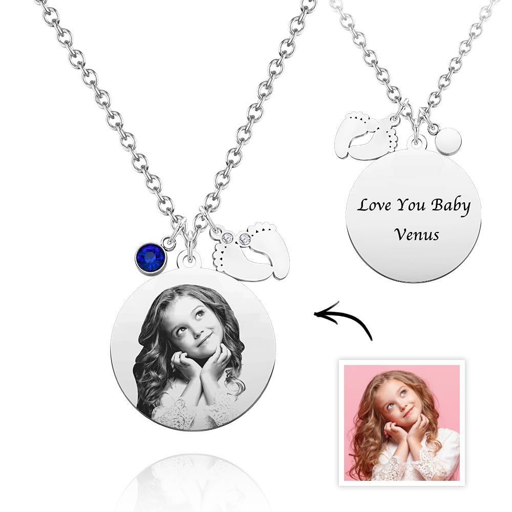 Birthstone Photo Necklace Baby Feet Newborn Engraved Pendant Memorial Gift - soufeelau
