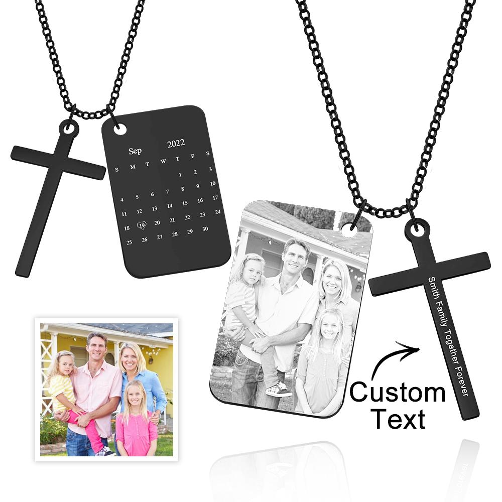 Personalized Photo Calendar Engraved Stainless Steel Cross Necklace Custom Message Pendant Father's Day Gift - soufeelau