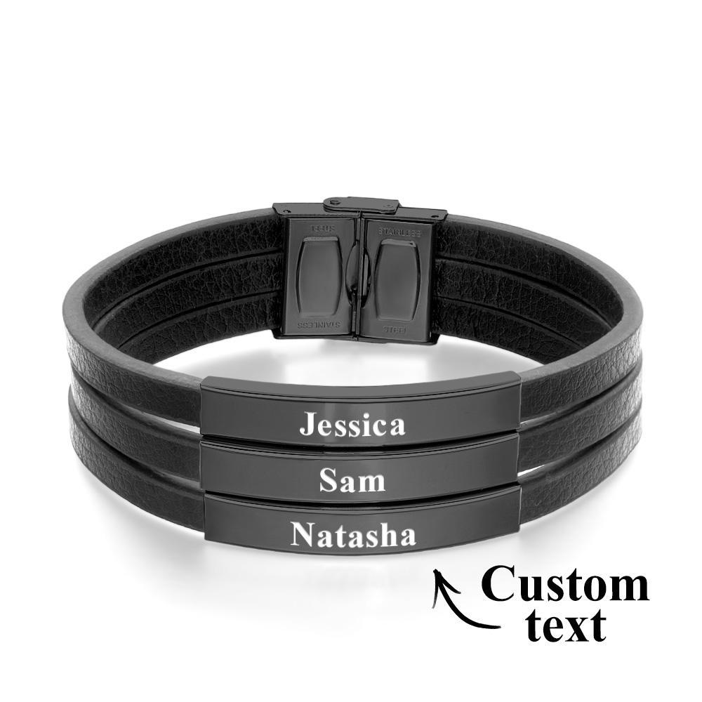 Personalized Father's Day Gift Custom 3 Names Bracelet Stainless Steel Leather Men Bracelet - soufeelau