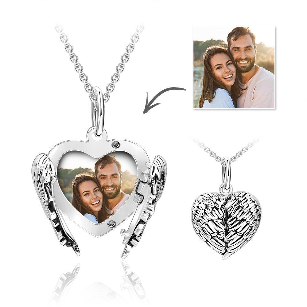 Engravable Photo Locket Necklace Personalised Heart Angel Wings-Christmas Gifts