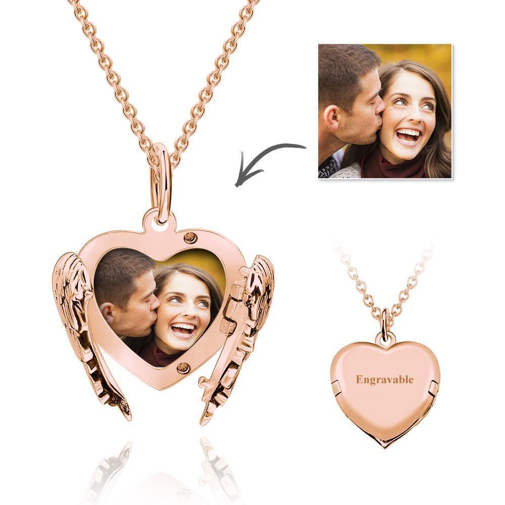 Engravable Photo Locket Necklace Personalised Heart Angel Wings-Christmas Gifts