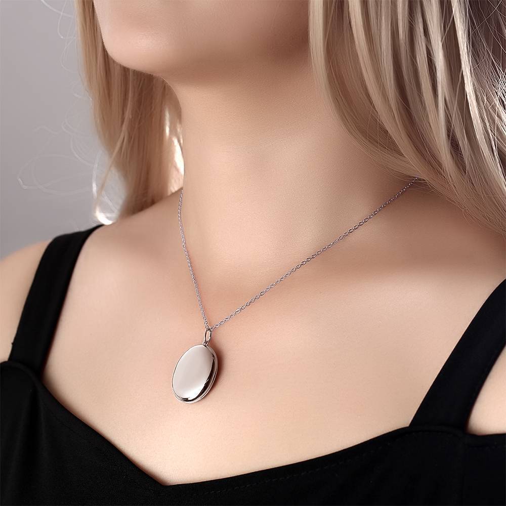 Oval Photo Locket Necklace with Engraving Platinum Plated