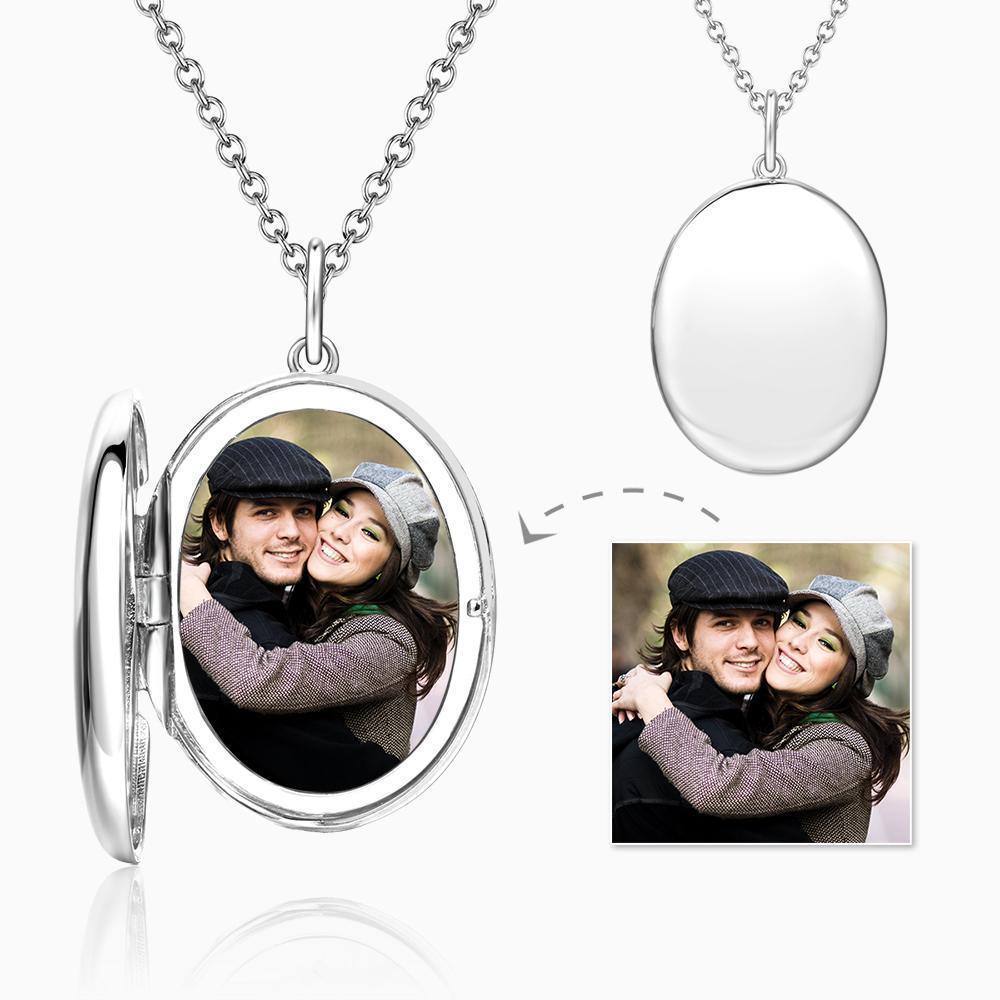 Oval Photo Locket Necklace with Engraving Platinum Plated