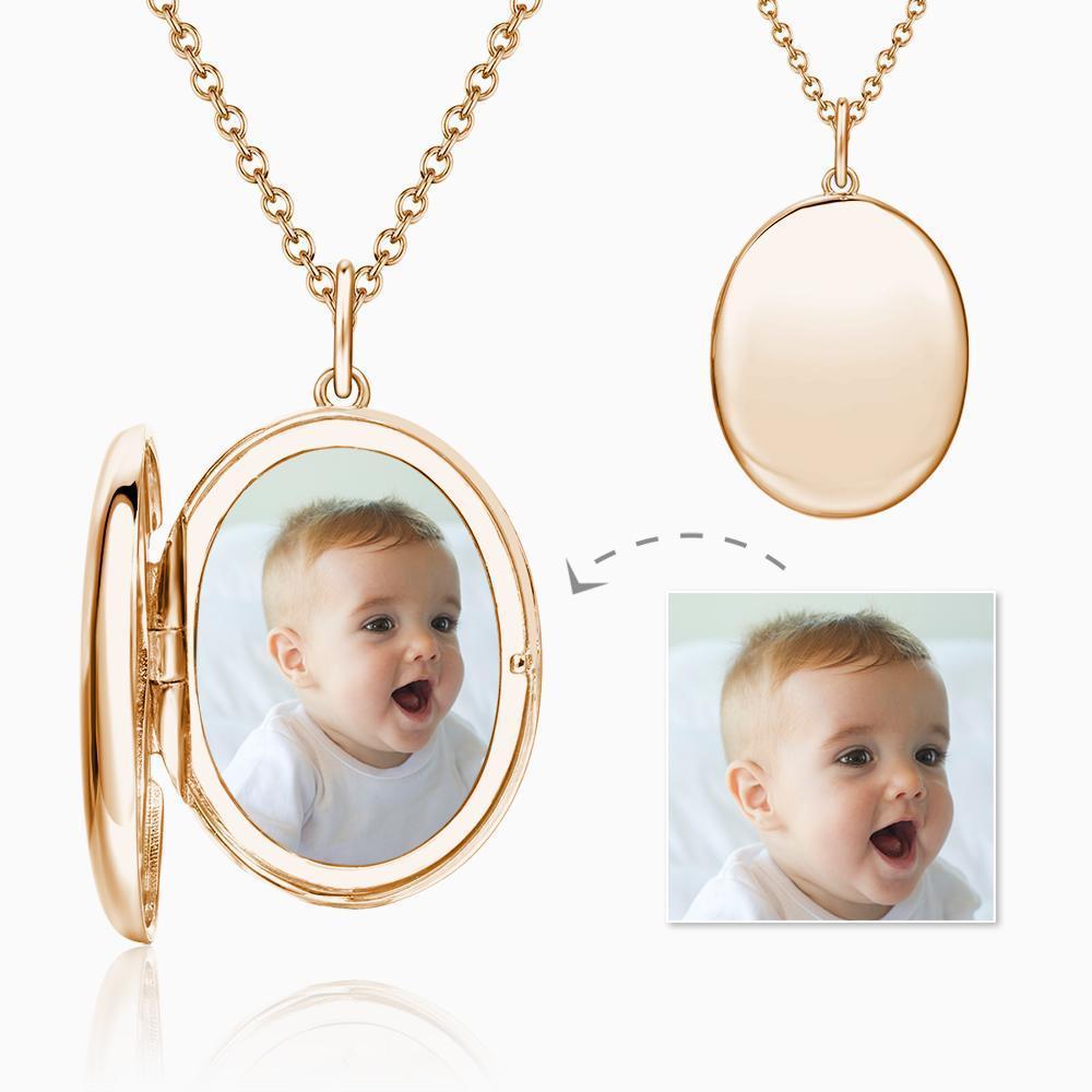 Oval Photo Locket Necklace with Engraving Rose Gold Plated