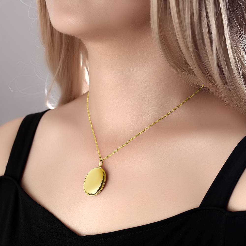 Oval Photo Locket Necklace with Engraving 14k Gold Plated