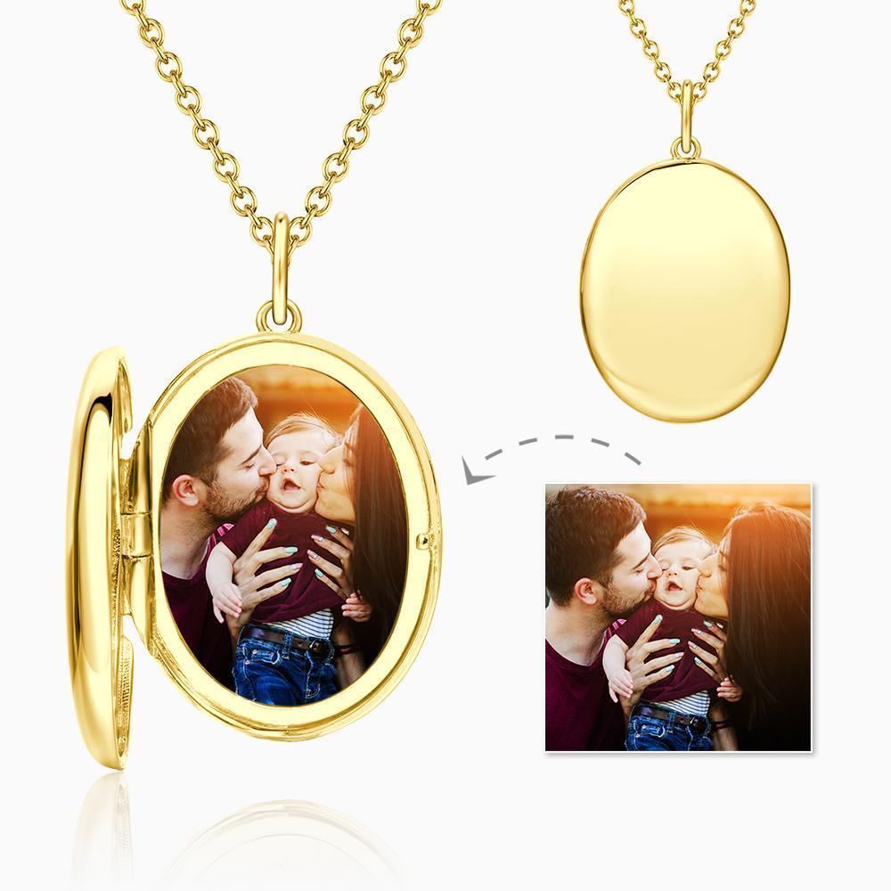 Oval Photo Locket Necklace with Engraving 14k Gold Plated