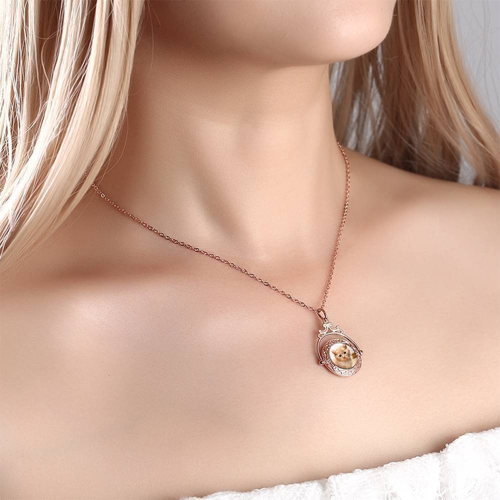 Vintage Embossed Mirror Photo Necklace Rose Gold Plated