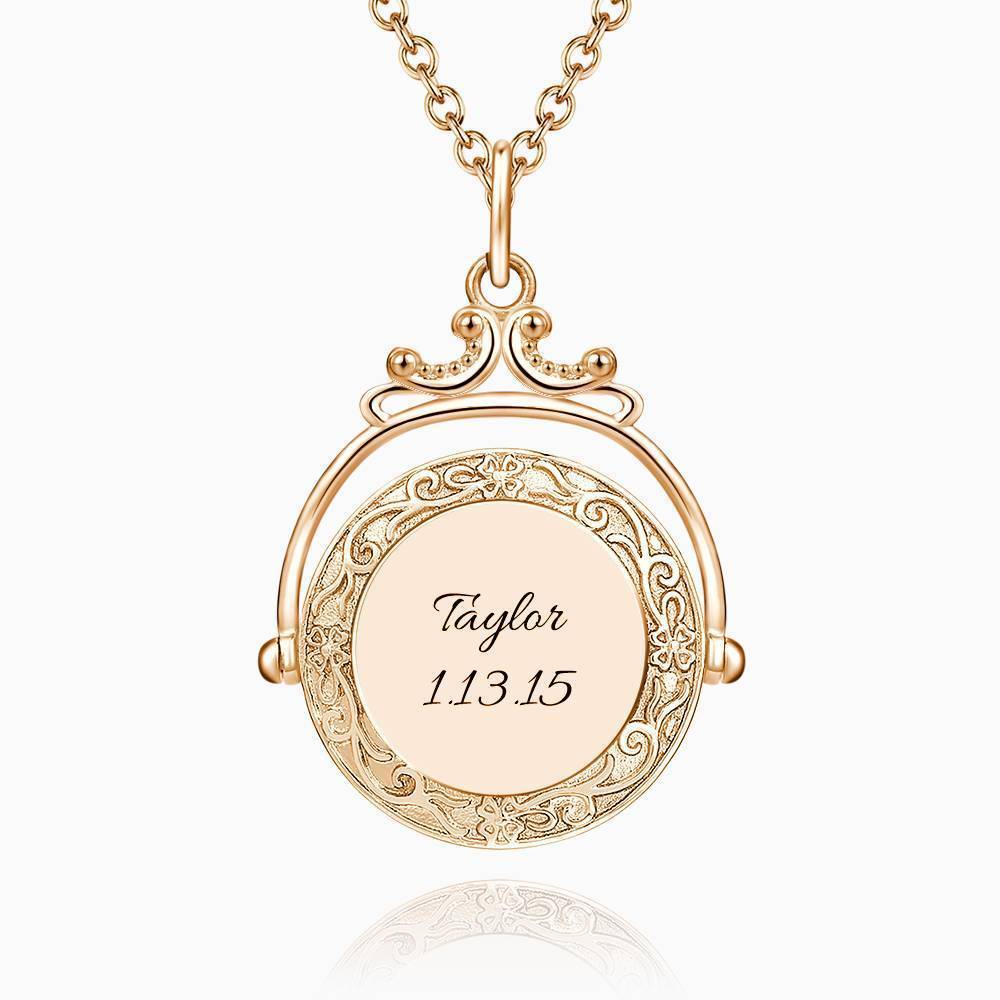Vintage Embossed Mirror Photo Necklace Rose Gold Plated