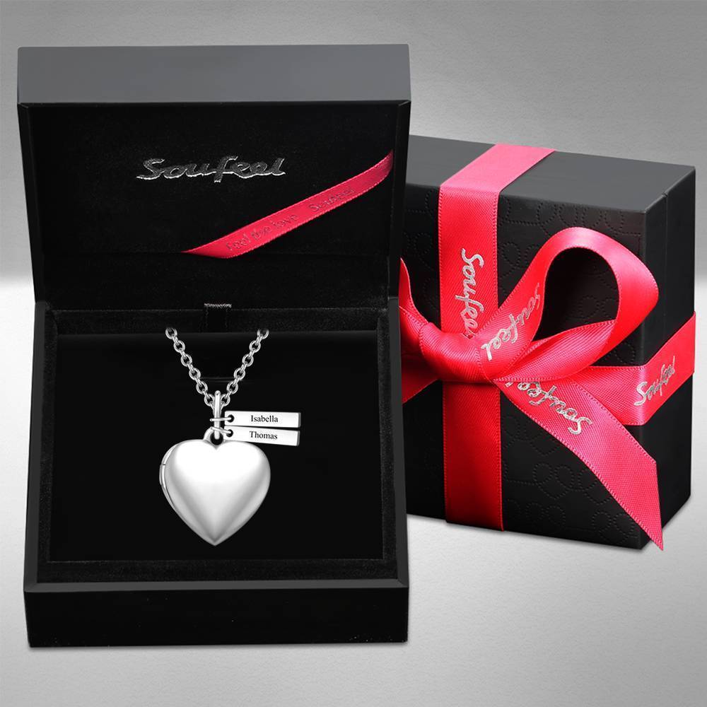 Heart Photo Locket Necklace with Two Engraved Bars Platinum Plated