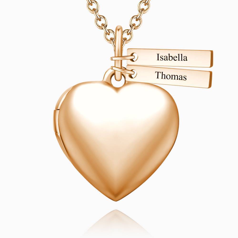 Heart Photo Locket Necklace with Two Engraved Bars Rose Gold Plated