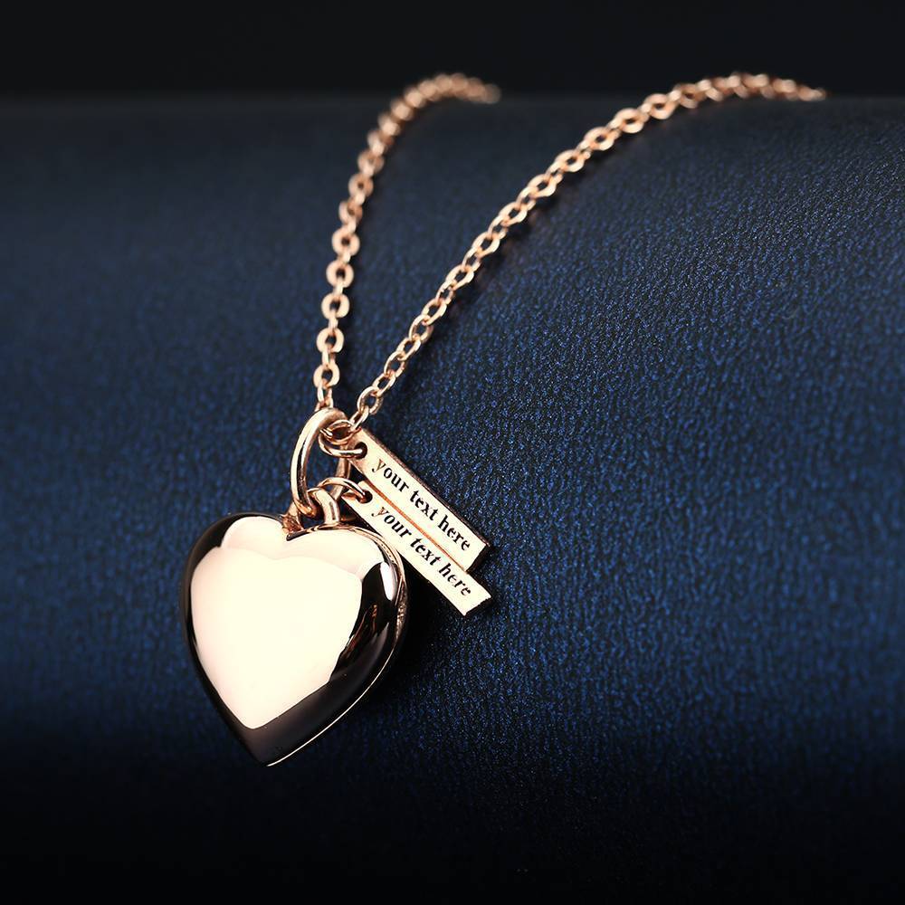 Heart Photo Locket Necklace with Two Engraved Bars Rose Gold Plated