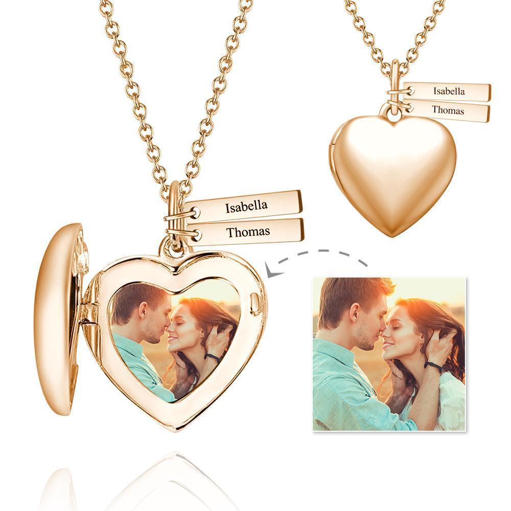 Heart Photo Locket Necklace with Two Engraved Bars 14k Gold Plated