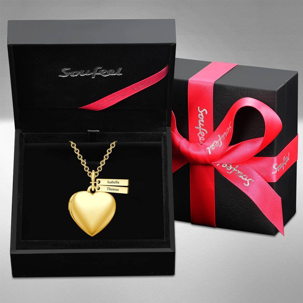 Heart Photo Locket Necklace with Two Engraved Bars 14k Gold Plated