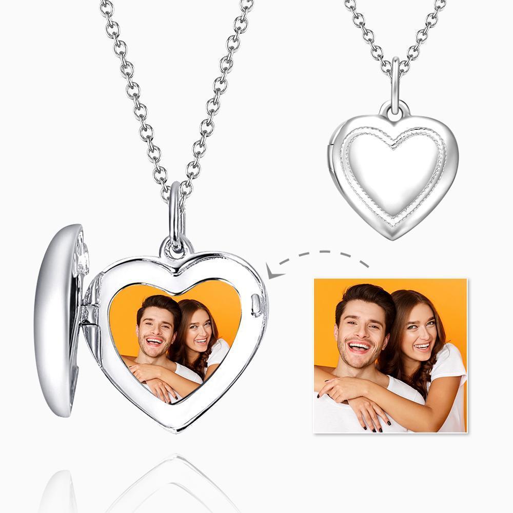 Heart Printing Photo Locket Necklace with Engraving 14k Gold Plated