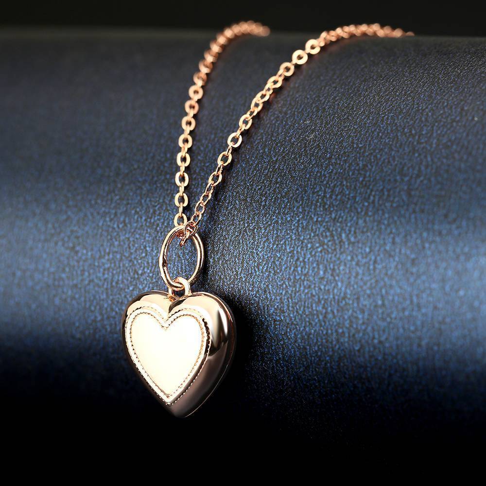 Heart Printing Photo Locket Necklace with Engraving Rose Gold Plated