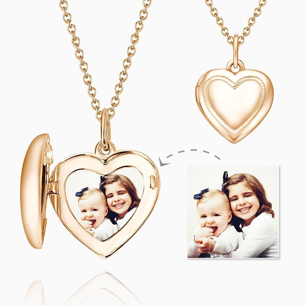 Heart Printing Photo Locket Necklace with Engraving Rose Gold Plated