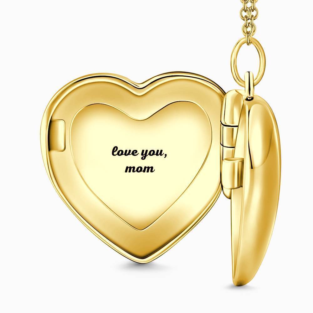 Heart Printing Photo Locket Necklace with Engraving 14k Gold Plated