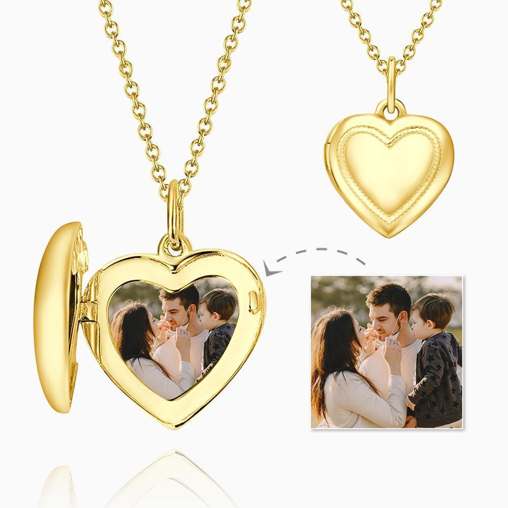 Heart Printing Photo Locket Necklace with Engraving 14k Gold Plated