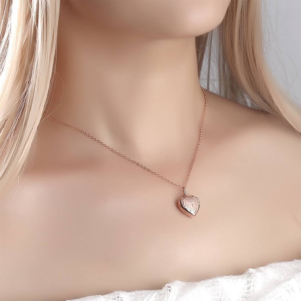 Embossed Printing Heart Photo Locket Necklace Rose Gold Plated