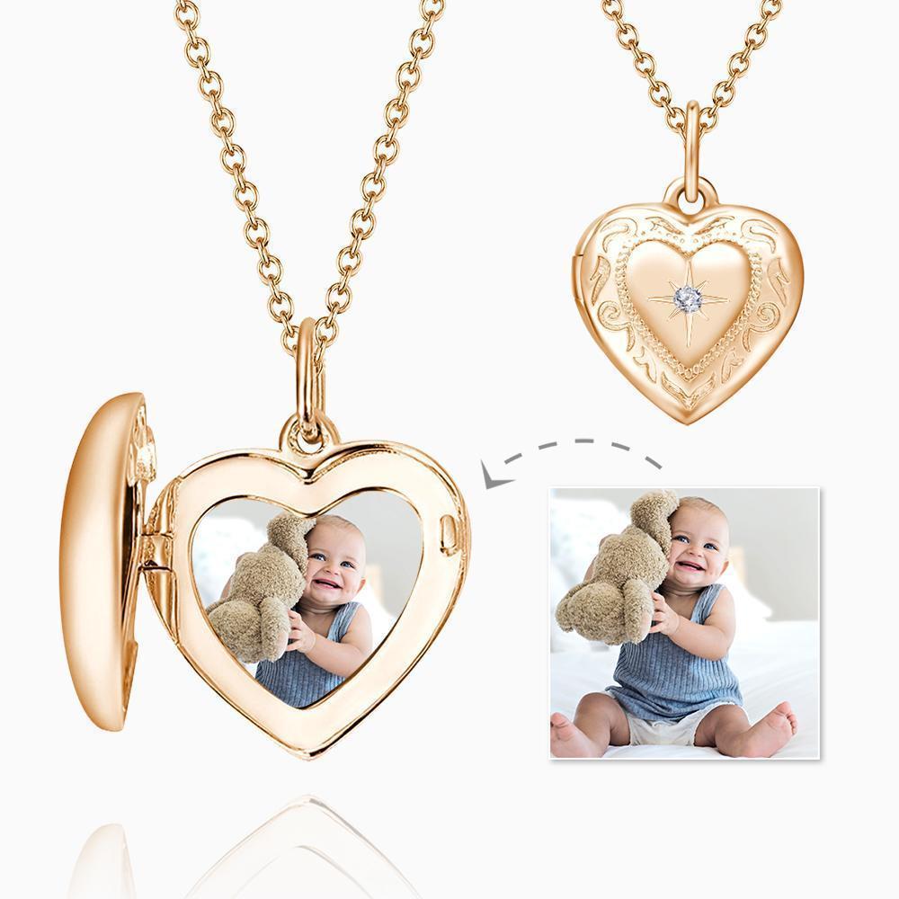 Embossed Printing Heart Photo Locket Necklace Rose Gold Plated