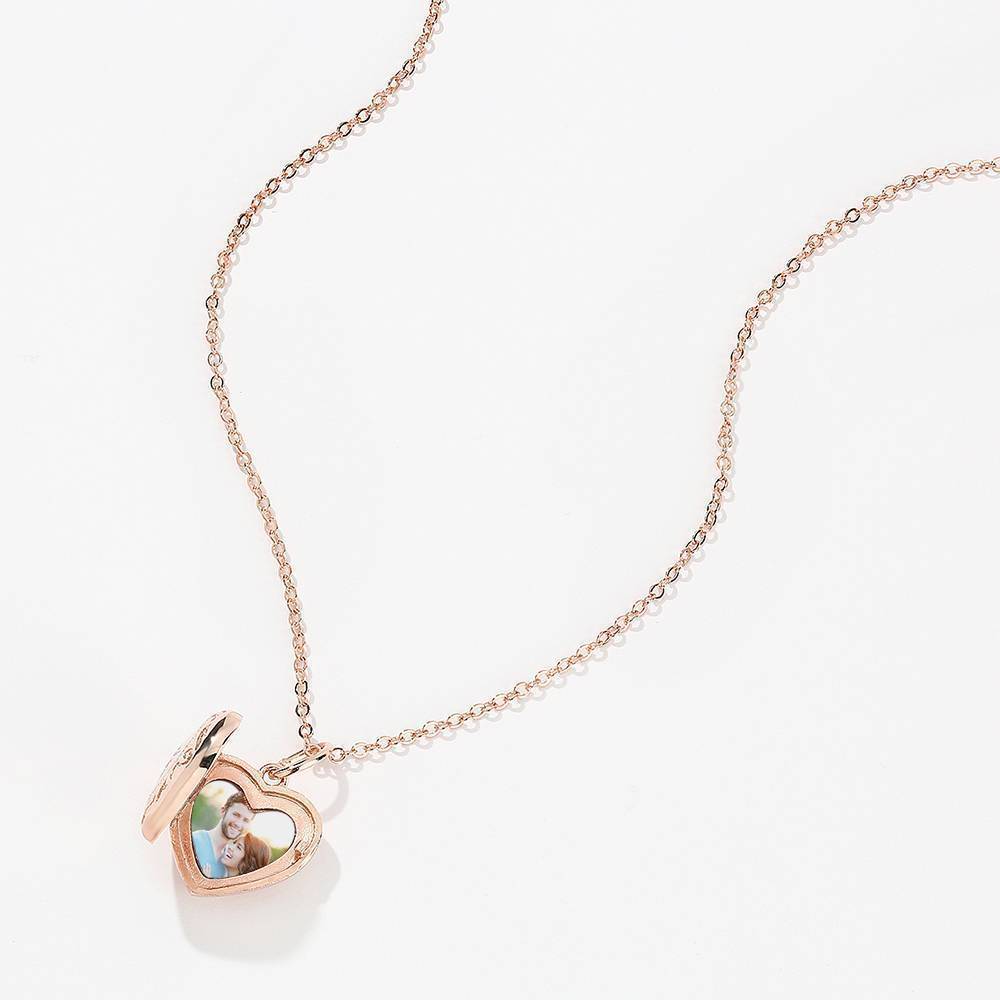 Embossed Printing Heart Photo Locket Necklace Rose Gold Plated