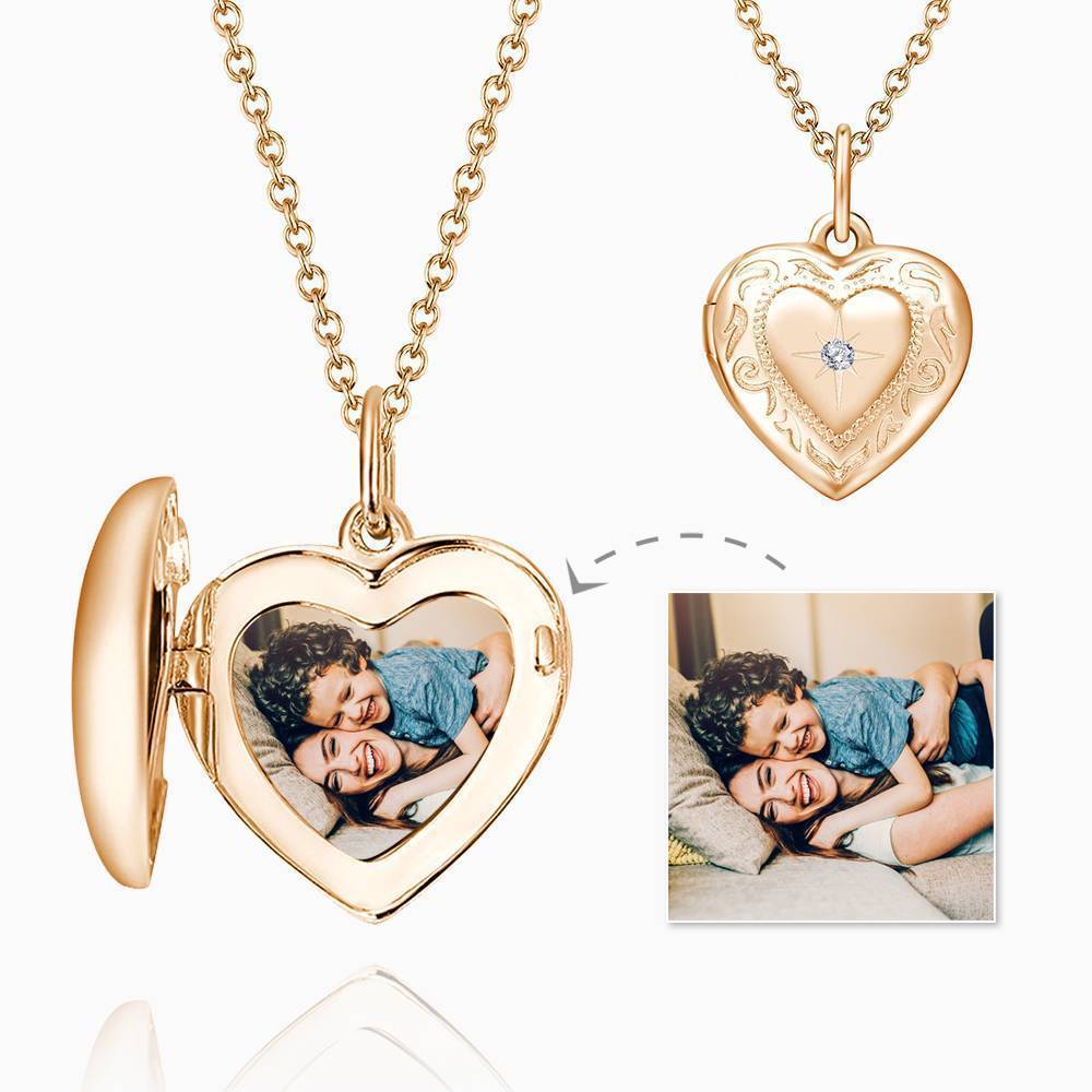 Mothers Day Gift - Embossed Printing Heart Photo Locket Necklace Rose Gold Plated