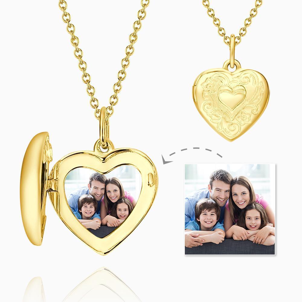 Embossed Printing Heart Photo Locket Necklace with Engraving 14k Gold Plated