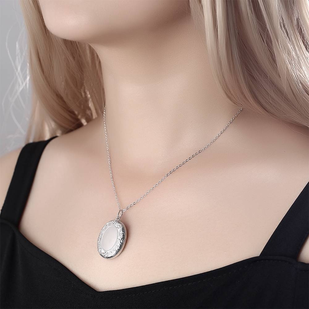 Embossed Oval Photo Locket Necklace with Engraving Platinum Plated