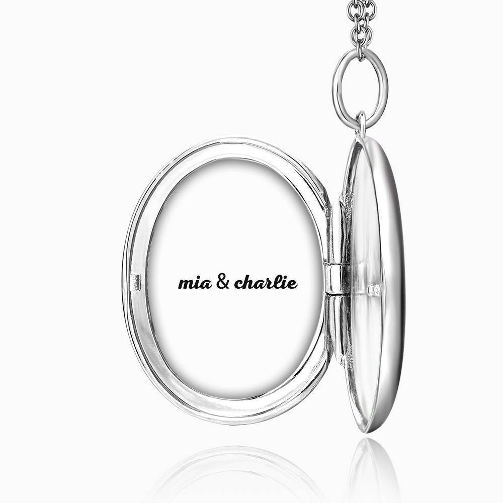 Embossed Oval Photo Locket Necklace with Engraving Platinum Plated