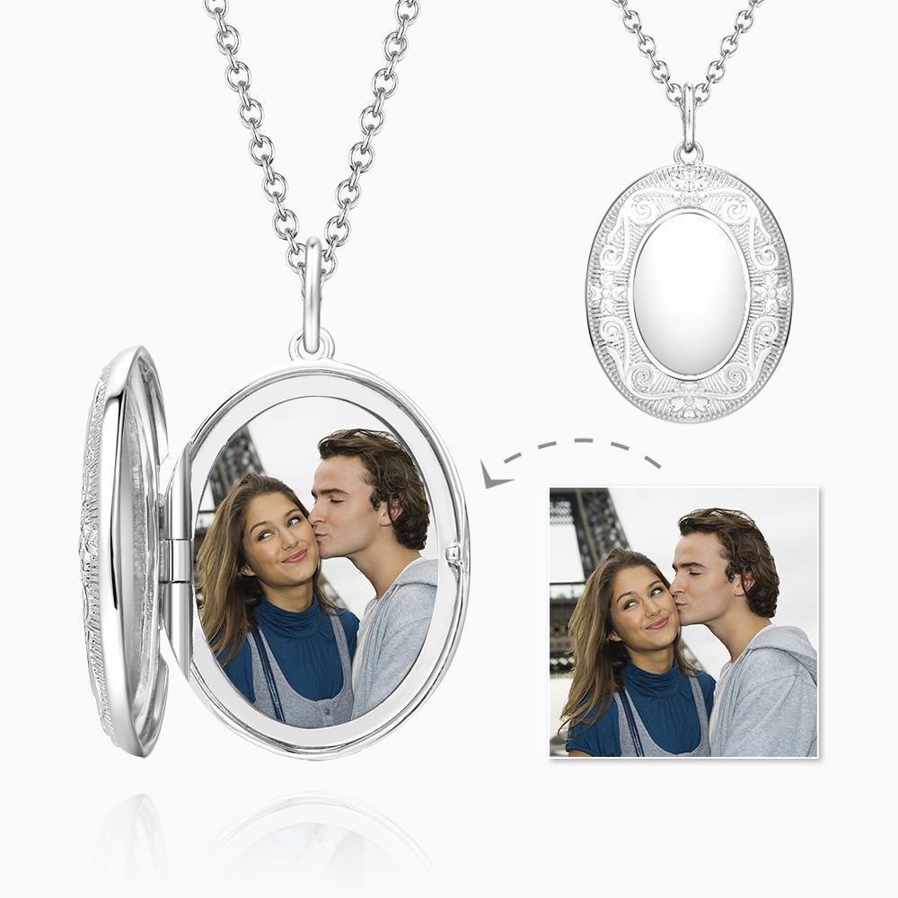 Embossed Oval Photo Locket Necklace with Engraving Platinum Plated