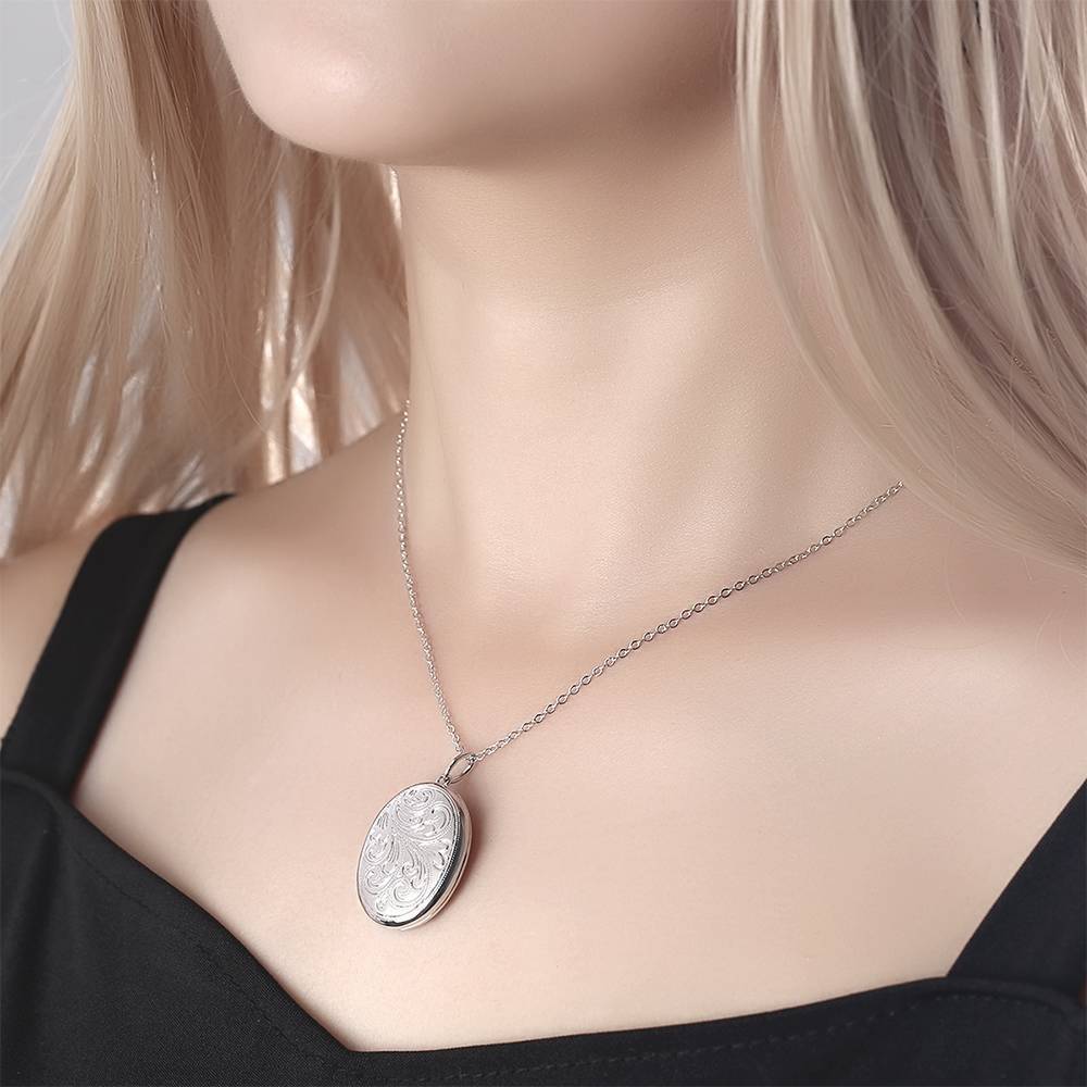 Embossed Oval Photo Locket Necklace with Engraving Platinum Plated