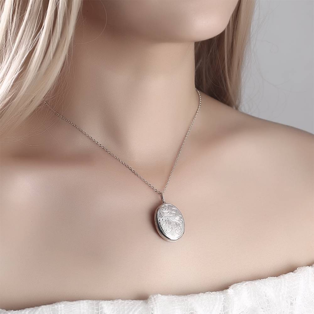 Embossed Oval Photo Locket Necklace with Engraving Platinum Plated