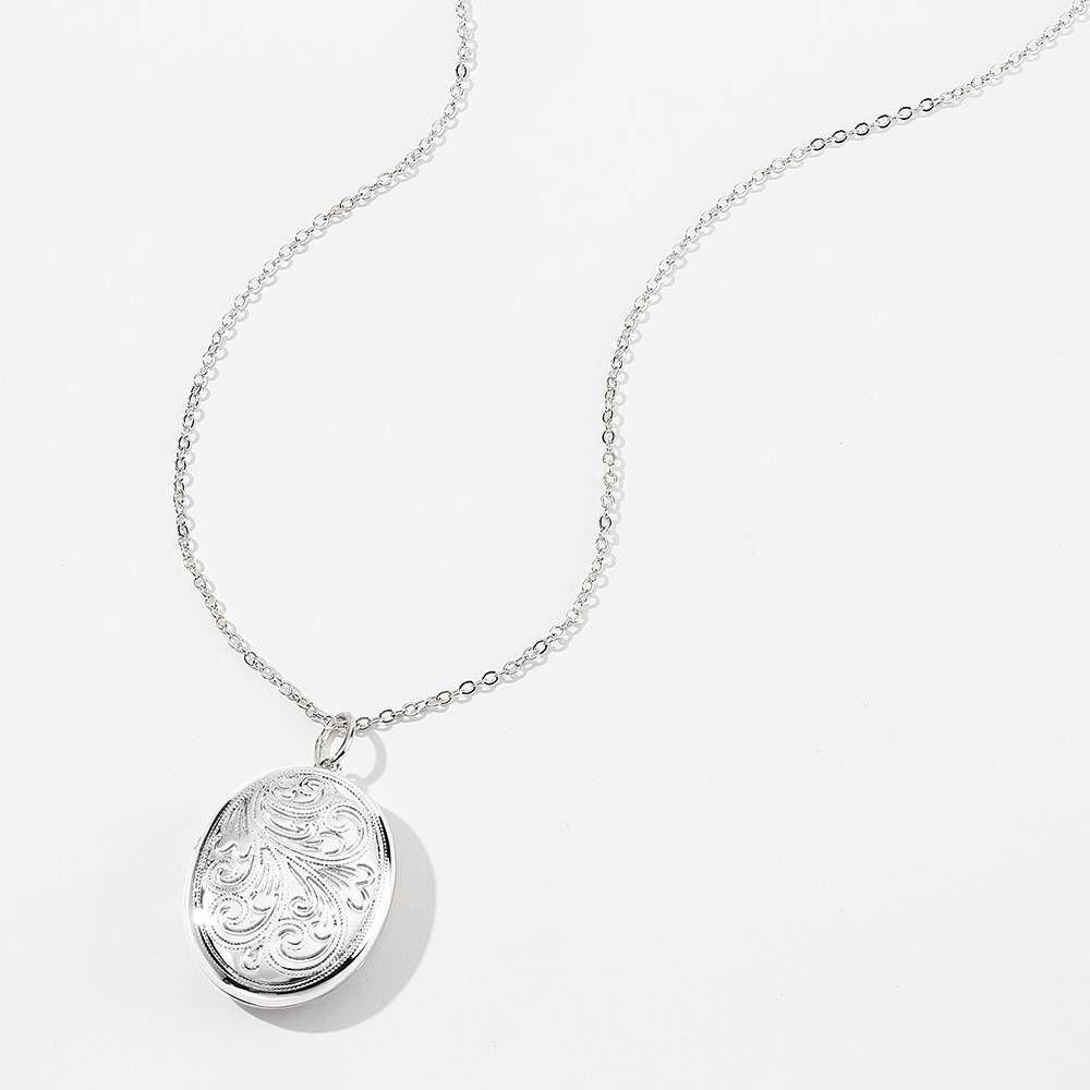 Embossed Oval Photo Locket Necklace with Engraving Platinum Plated