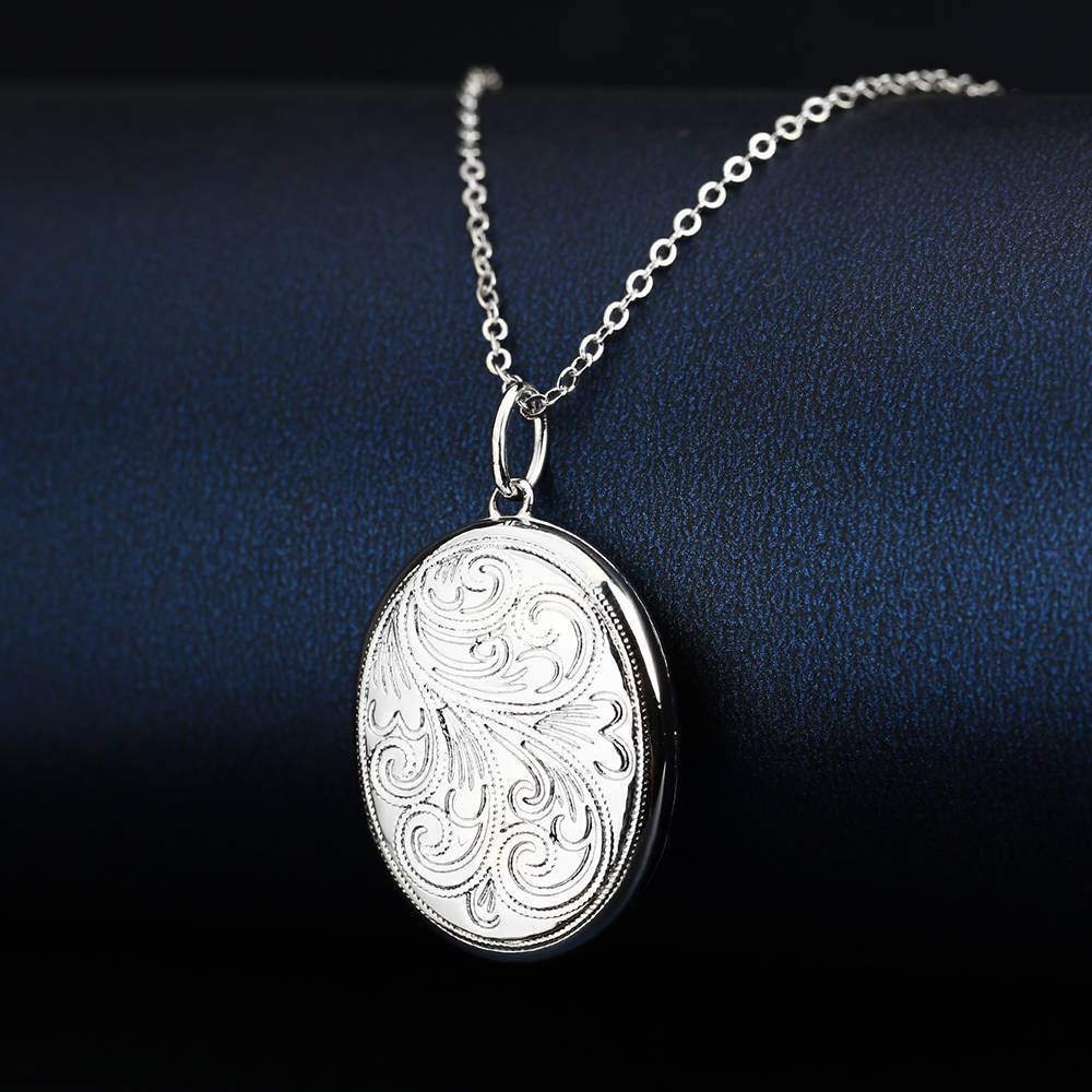 Embossed Oval Photo Locket Necklace with Engraving Platinum Plated