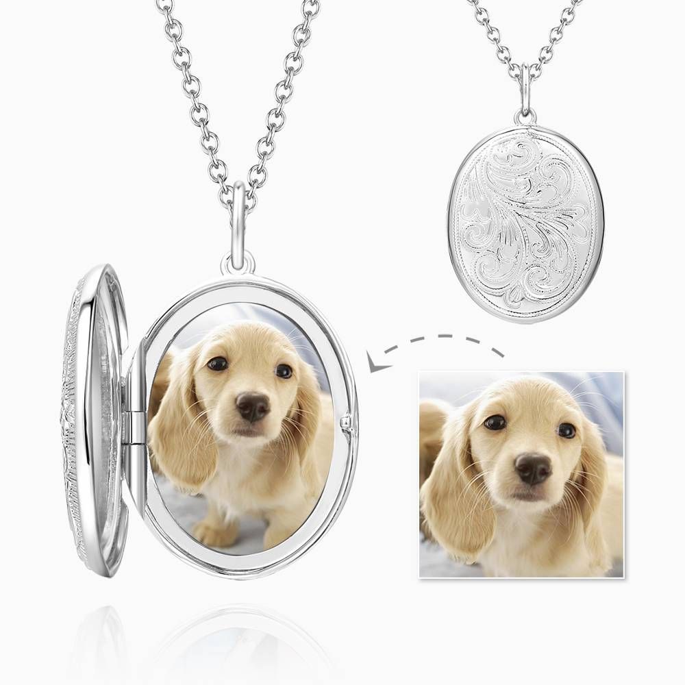 Embossed Oval Photo Locket Necklace with Engraving Platinum Plated