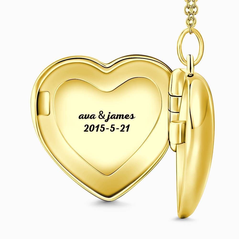 Embossed Printing Heart Photo Locket Necklace with Engraving 14k Gold Plated