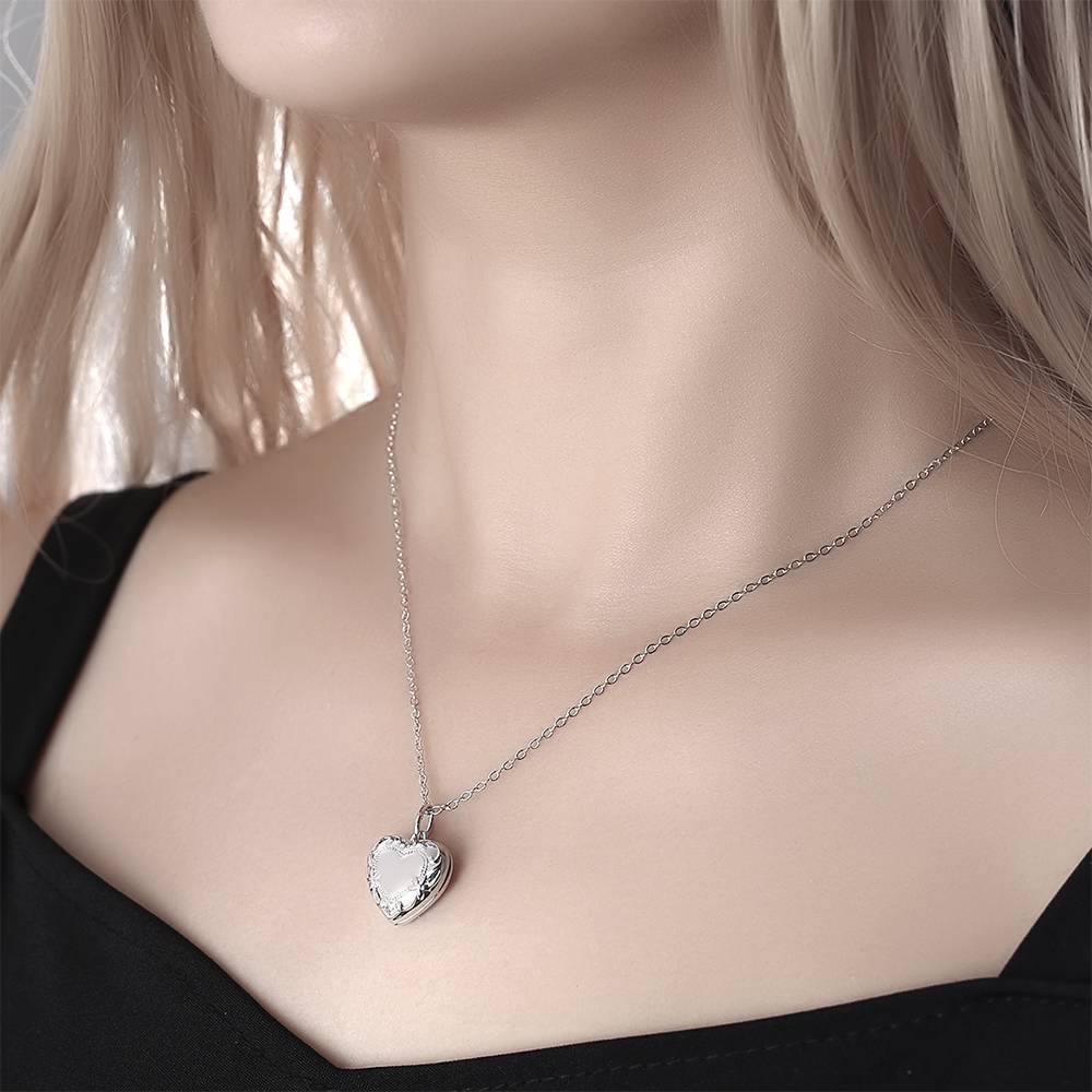 Embossed Heart Photo Locket Necklace with Engraving Platinum Plated