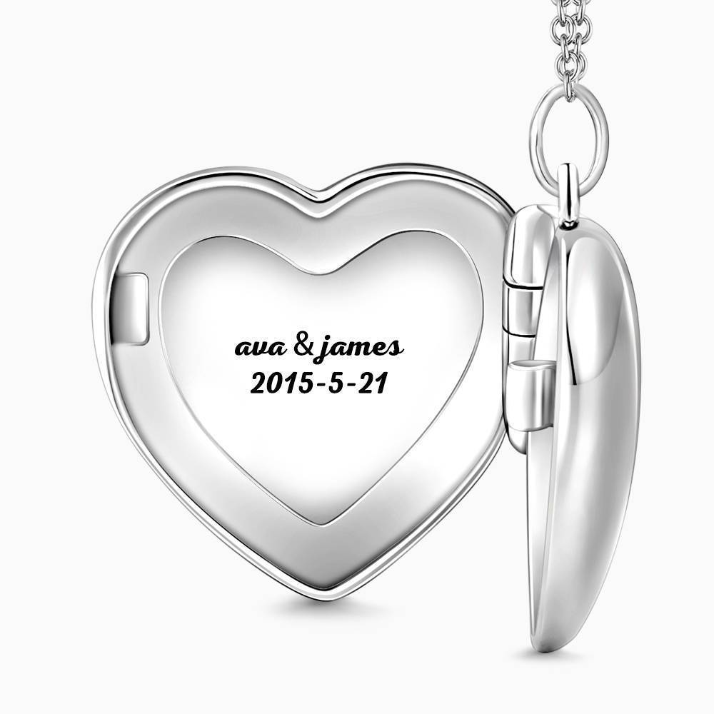 Embossed Heart Photo Locket Necklace with Engraving Platinum Plated