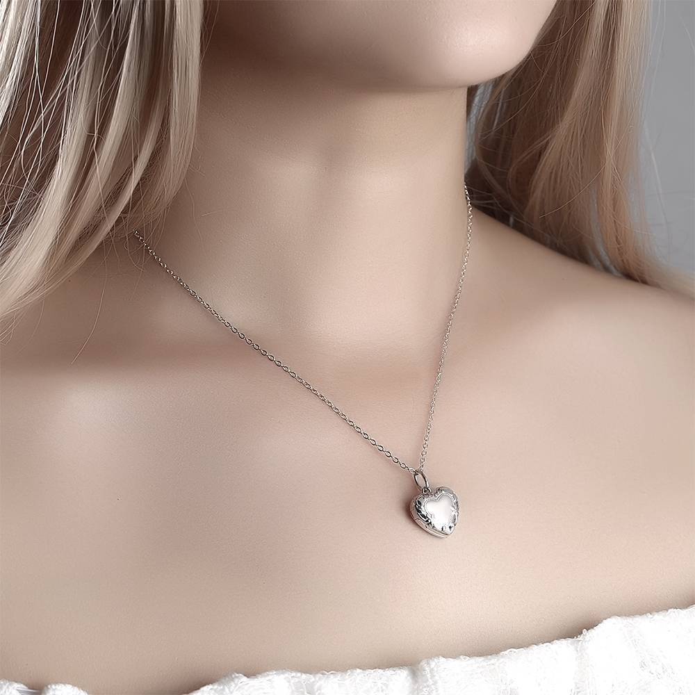 Embossed Heart Photo Locket Necklace with Engraving Platinum Plated