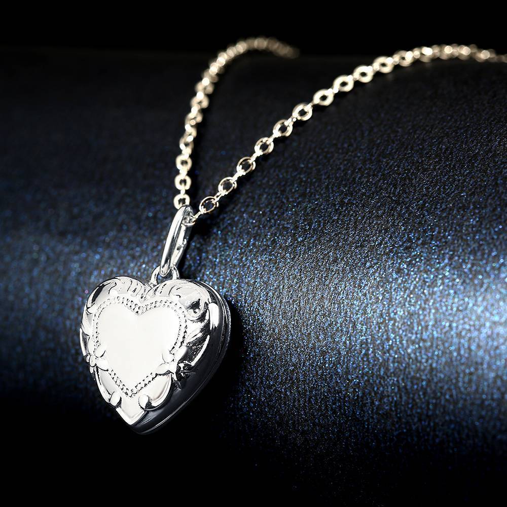 Embossed Heart Photo Locket Necklace with Engraving Platinum Plated