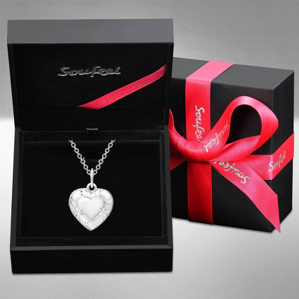 Embossed Heart Photo Locket Necklace with Engraving Platinum Plated