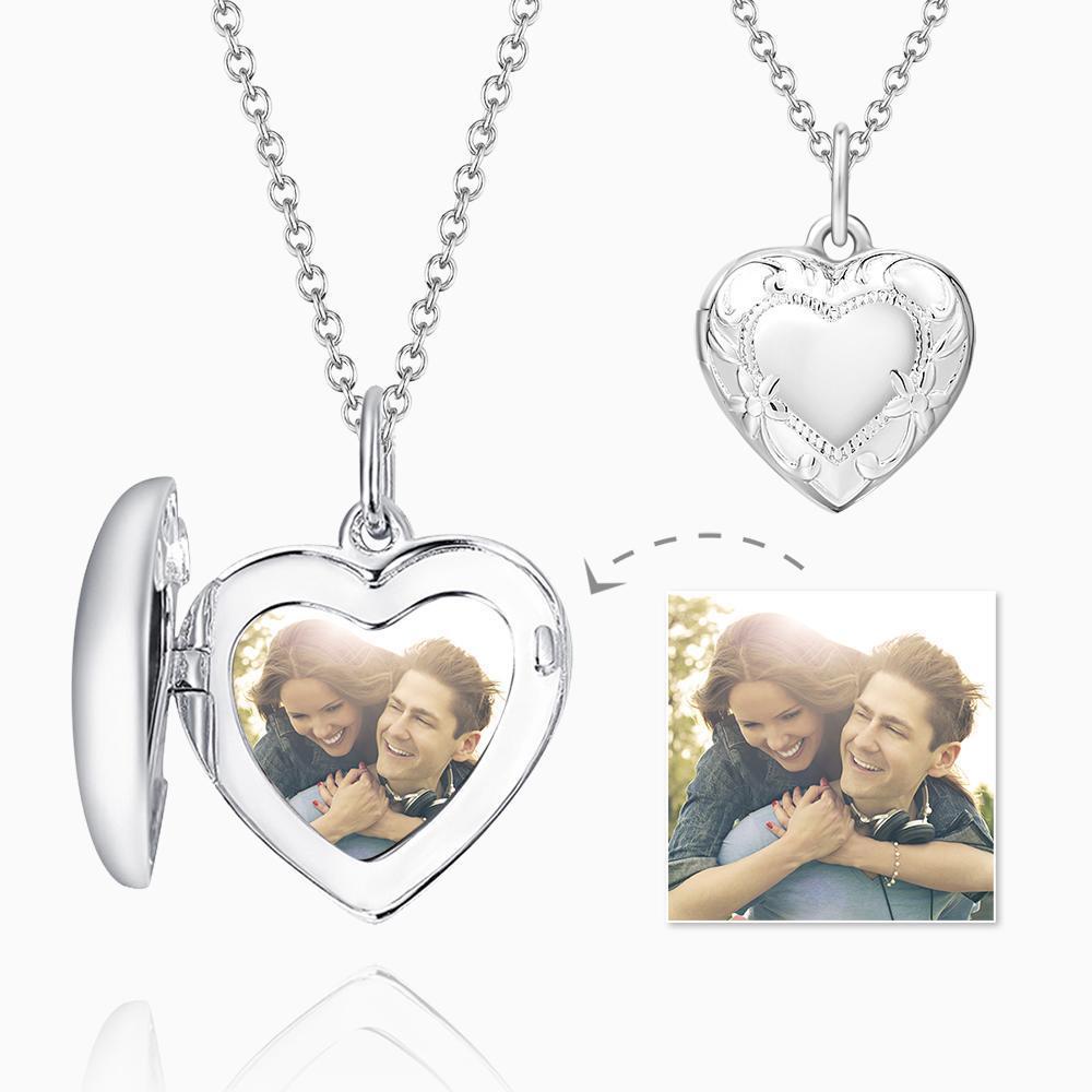 Embossed Heart Photo Locket Necklace with Engraving Platinum Plated