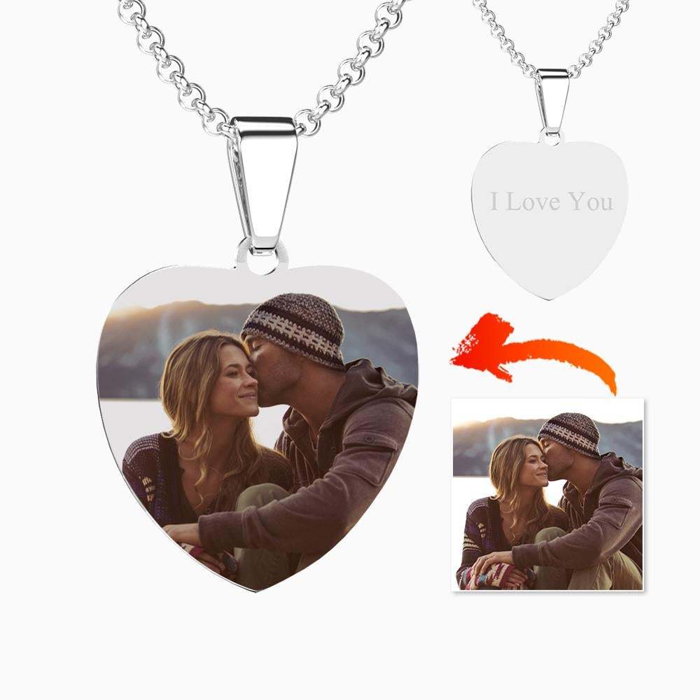 Photo Tag Heart Necklace With Engraving Stainless Steel Photo Necklaces