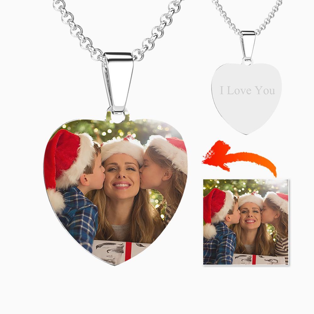 Engraved Heart Tag Photo Necklace Stainless Steel - Color Printing